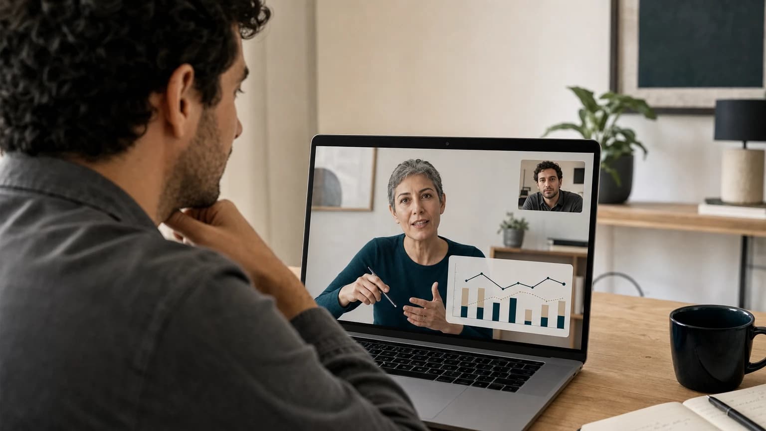 Representación de un founder en videollamada con su CFO fraccional mientras revisan una proyección de caja